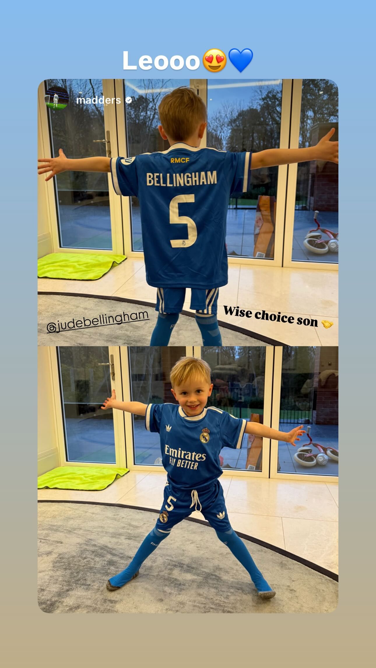 James Maddison Dresses Son in Jude Bellingham’s Real Madrid Kit, Praising It as a ‘Wise Choice